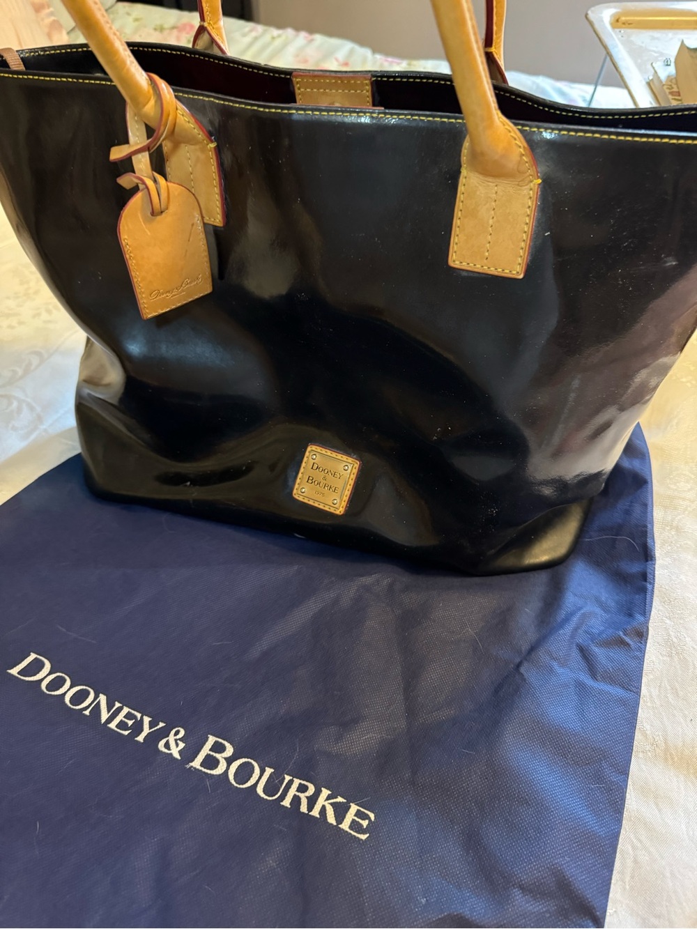 Dooney & Bourke Black Patent Large Tote with Tan Leather Handles
